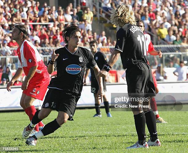 Paro of Juventus celebrates his goal with teammate and Nedved during the Serie B match between Rimini and Juventus at the Romeo Neri stadium,...