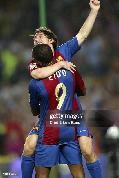 Samuel Eto'o of Barcelona cellebrates Leo Messi's goal during the La Liga match between FC Barcelona and Osasuna played at the Camp Nou stadium on...