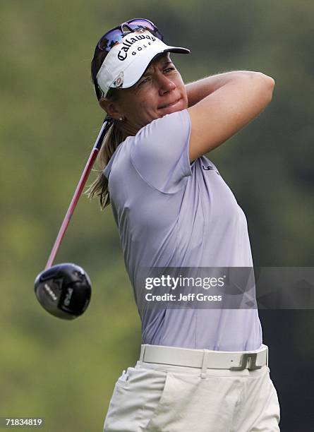 Annika Sorenstam of Sweden hits a tee shot on the twelfth hole during the second round of the John Q. Hammons Hotel Classic on September 9, 2006 at...
