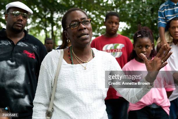 Afeni Shakur-Davis, mother of the late Tupac Shakur, gives a speech in the Peace Garden on September 9, 2006 in Stone Mountain, Georgia.
