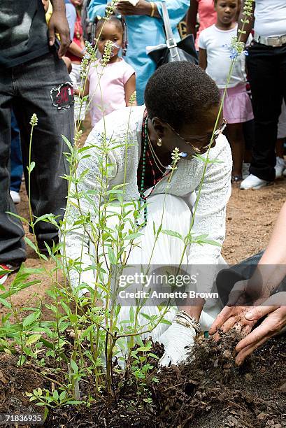 Afeni Shakur-Davis, mother of the late Tupac Shakur, plants her plant in the Peace Garden on September 9, 2006 in Stone Mountain, Georgia.