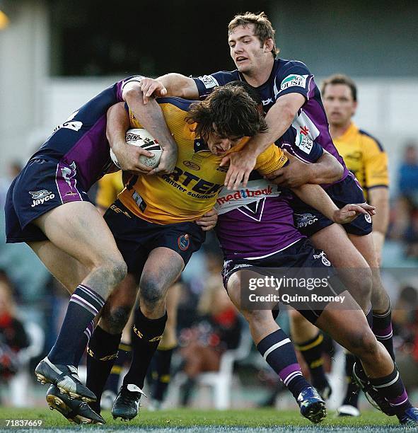 Nathan Hindmarsh of the Eels breaks through a tackle during the NRL Fourth Qualifying Final between the Melbourne Storm and the Parramatta Eels at...