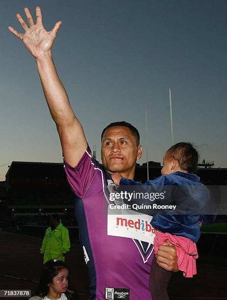 David Kidwell of the Storm waves to the crowd after the NRL Fourth Qualifying Final between the Melbourne Storm and the Parramatta Eels at Olympic...