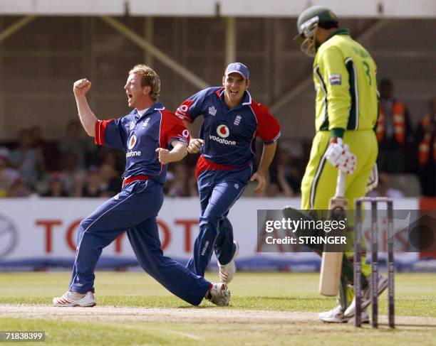 Birmingham, UNITED KINGDOM: England's Paul Collingwood celebrates the wicket of Pakistan captain Inzamam-Ul-Haq during the fifth and final one-day...