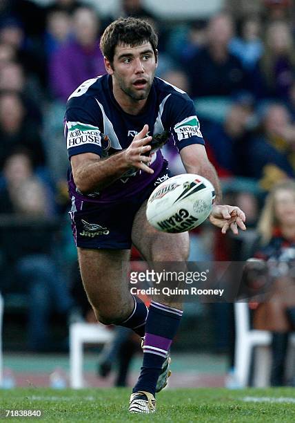 Cameron Smith of the Storm throws a pass during the NRL Fourth Qualifying Final between the Melbourne Storm and the Parramatta Eels at Olympic Park...