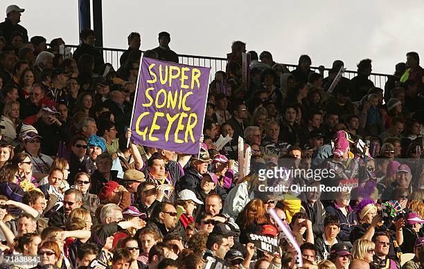 Fan holds up a Matt Geyer sign during the NRL Fourth Qualifying Final between the Melbourne Storm and the Parramatta Eels at Olympic Park on...