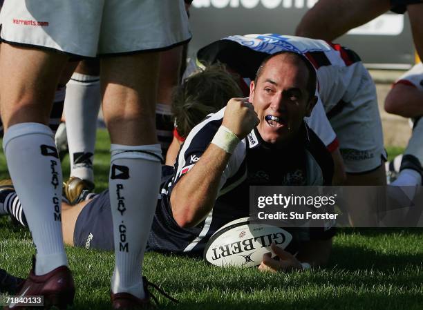 Bristol scrum half Shaun Perry celebrates after scoring the equalising try during the Guinness Premiership match between Bristol and Saracens at The...