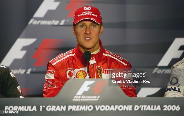 Michael Schumacher of Germany and Ferrari attends at the press conference after winning the Italian Formula One Grand Prix at Autodromo Nazionale...