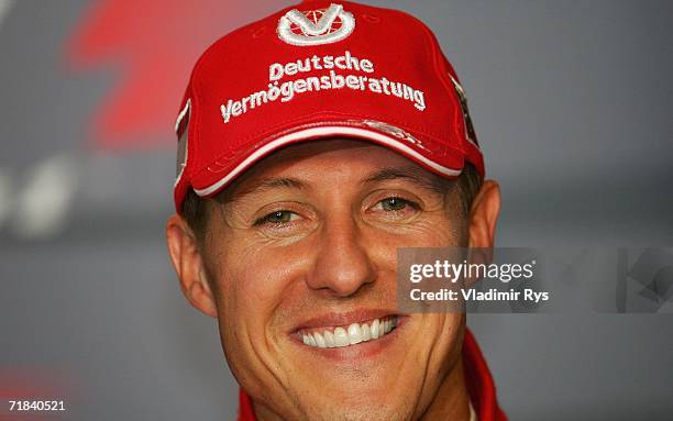 Michael Schumacher of Germany and Ferrari attends at the press conference after winning the Italian Formula One Grand Prix at Autodromo Nazionale...