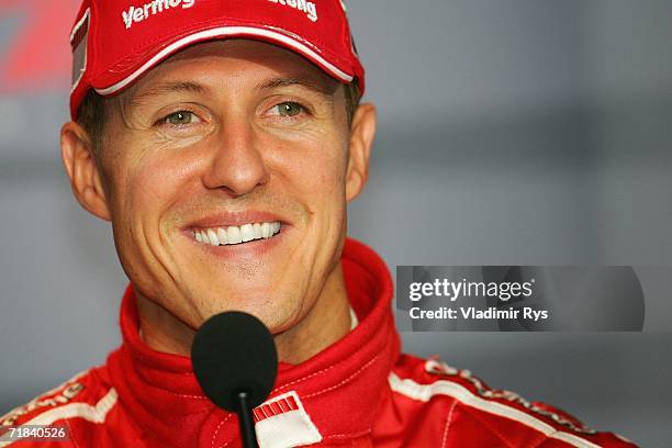 Michael Schumacher of Germany and Ferrari attends at the press conference after winning the Italian Formula One Grand Prix at Autodromo Nazionale...