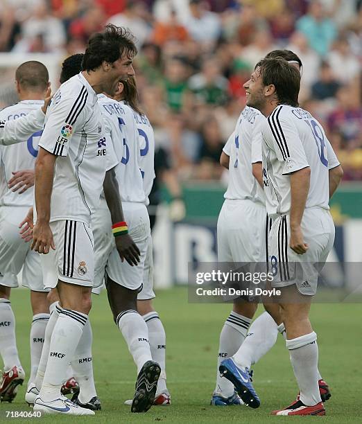 Ruud van Nistelrooy of Real Madrid celebrates with Antonio Cassano after scoring a goal against Levante, during the Primera Liga match between...