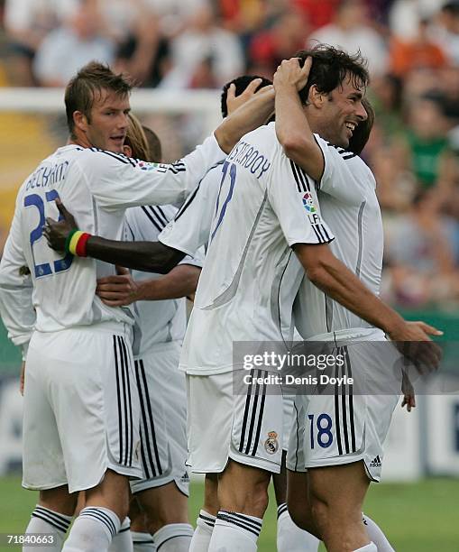 Ruud van Nistelrooy of Real Madrid celebrates with Antonio Cassano after scoring a goal against Levante during the Primera Liga match between Levante...