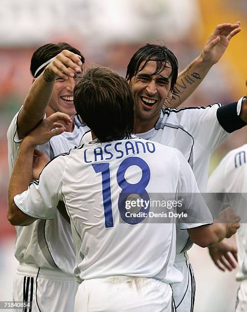 Antonio Cassano celebrates with Raul Gonzalez after scoring Real's second goal during the Primera Liga match between Levante and Real Madrid at the...