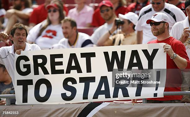 Tampa Bay Buccaneers fans hold up a sign during their game against the Baltimore Ravens on September 10, 2006 at Raymond James Stadium in Tampa,...