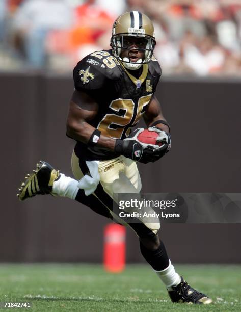 Reggie Bush of the New Orleans Saints runs with the ball during the game against the Cleveland Browns on September 10, 2006 at Cleveland Browns...