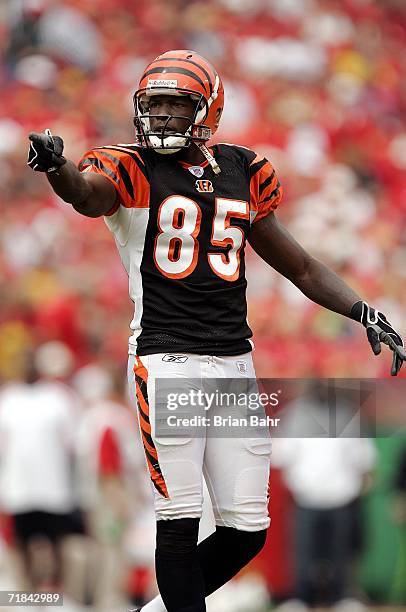 Wide receiver Chad Johnson of the Cincinnati Bengals calls out a defender from the Kanasa City Chiefs in the second quarter on September 10, 2006 at...