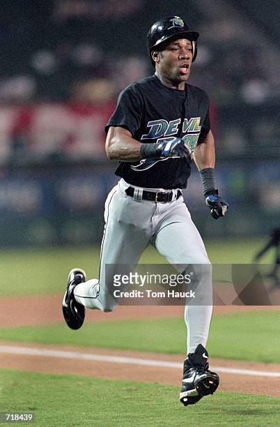 Gerald Williams of the Tampa Bay Devil Rays runs the bases during the game against the Anaheim Angels at Edison Field in Anaheim, California. The...