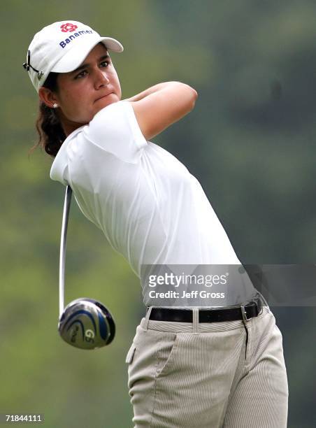 Lorena Ochoa of Mexico hits a tee shot on the twelfth hole during the final round of the John Q. Hammons Hotel Classic on September 10, 2006 at the...
