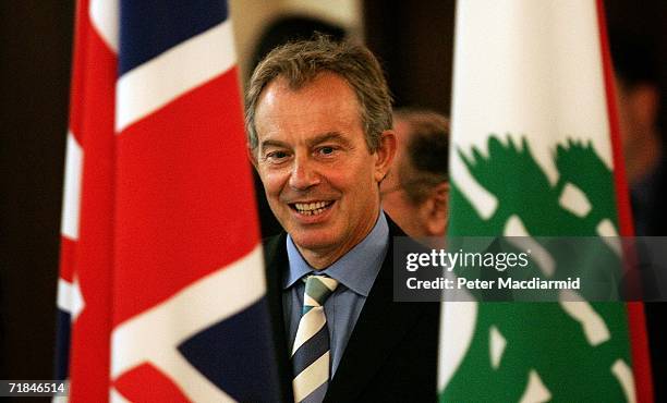 Prime Minister Tony Blair arrives at a press conference with Prime Minister Fuad Siniora on September 11, 2006 in Beirut, Lebanon. Mr Blair is...