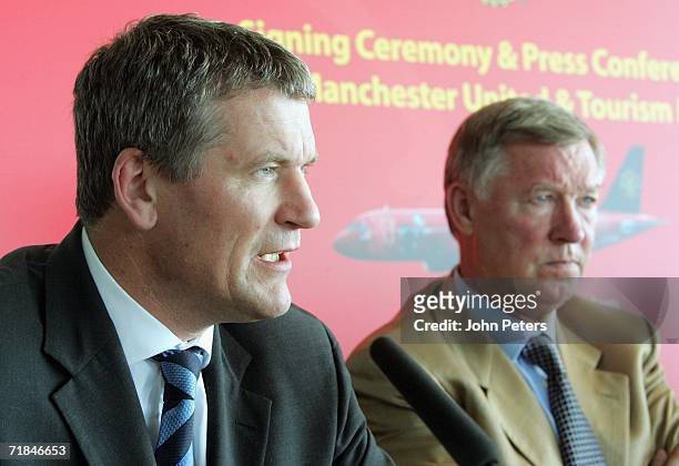 David Gill and Sir Alex Ferguson of Manchester United speaks at a press conference to announce the extension of their partnership with AirAsia and to...