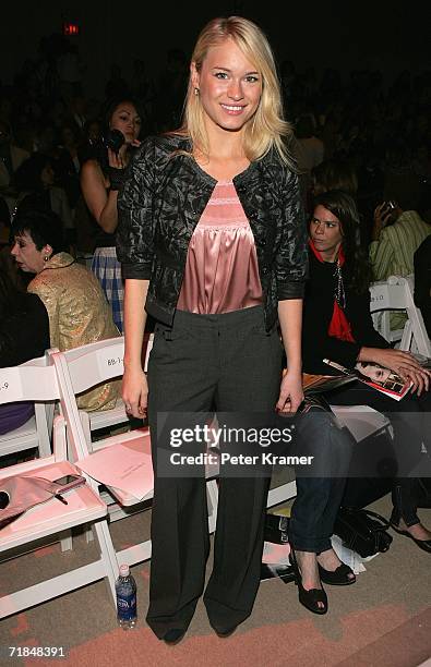 Actress Levin Rambin poses in the front row at the Cynthia Steffe Spring 2007 fashion show during Olympus Fashion Week at the Promenade in Bryant...