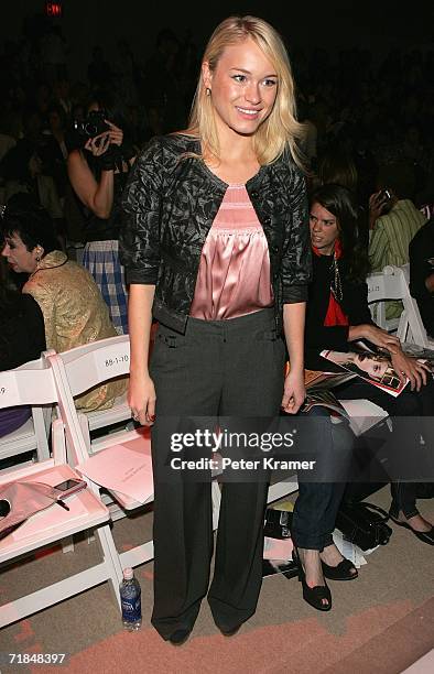 Actress Levin Rambin poses in the front row at the Cynthia Steffe Spring 2007 fashion show during Olympus Fashion Week at the Promenade in Bryant...