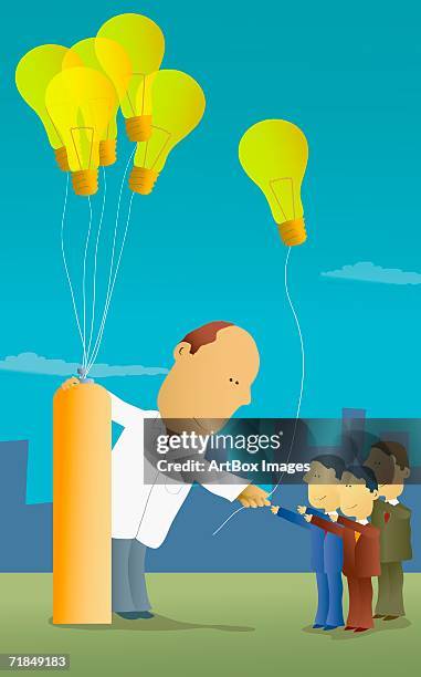 oversized male scientist giving light bulbs on strings to three businessmen - oxygen tanks stock illustrations