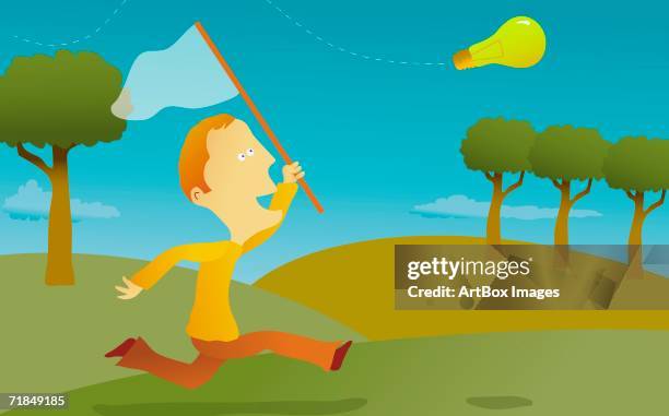 side profile of a young man chasing a light bulb with a butterfly net - light bulb on string stock illustrations
