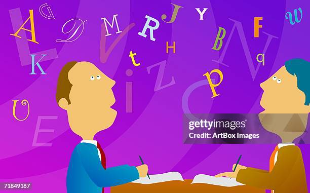 side profile of two businessmen sitting at a table and looking up at alphabets floating around them - looking up thinking stock illustrations