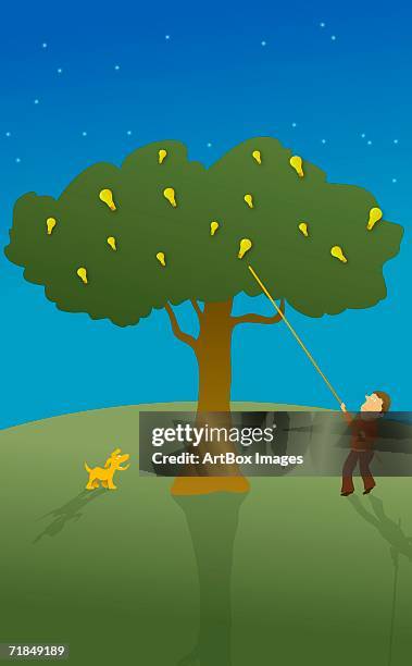 young man with a stick picking light bulbs from a tree with a dog beside him - looking up at stars stock illustrations