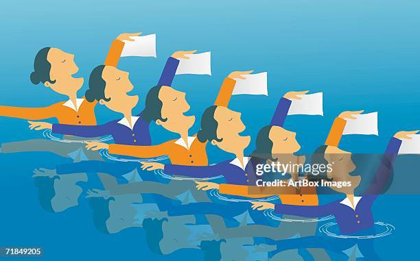 group of young women doing synchronized swimming in a swimming pool - aquagym stock-grafiken, -clipart, -cartoons und -symbole