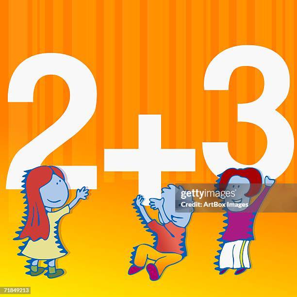 two girls and a boy playing with mathematical numbers - elementary math stock illustrations