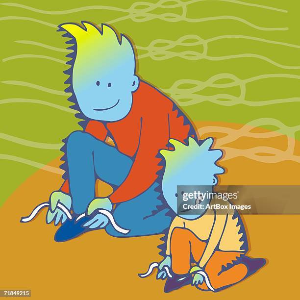 high angle view of a boy and his father tying their shoelaces - tying shoes stock illustrations