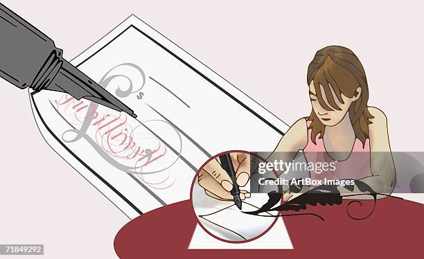 young woman writing a check - sleeveless top stock illustrations