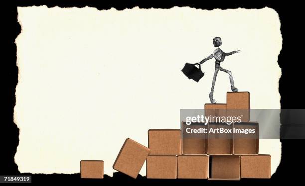 illustrations, cliparts, dessins animés et icônes de close-up of a newspaper figurine walking on boxes - stack of empty boxes