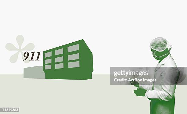 side profile of a surgeon beside a diagram of a building - surgical mask profile stock illustrations