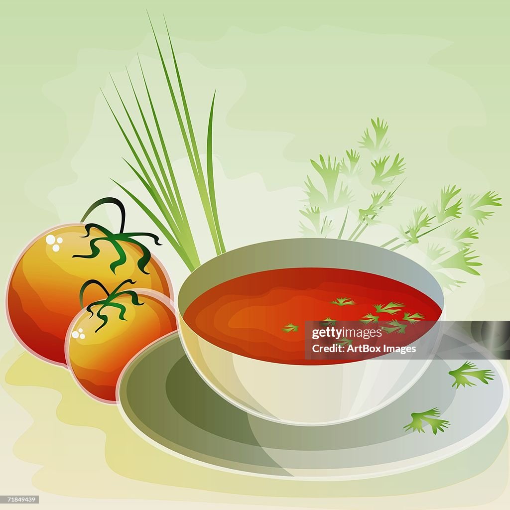 Close-up of a bowl cream of tomato with tomatoes