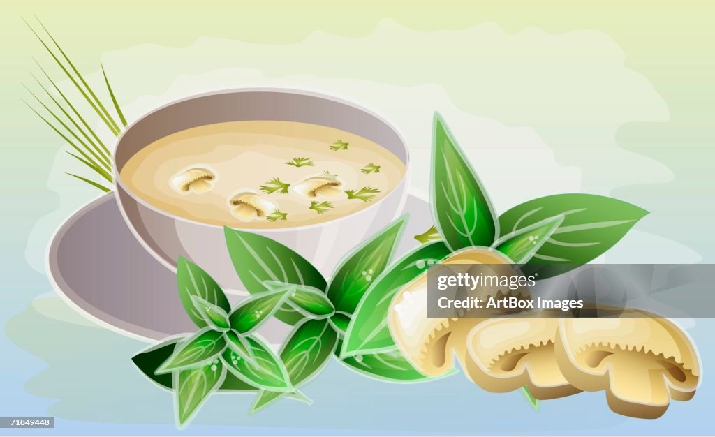 Close-up of a bowl of mushroom soup with mushrooms