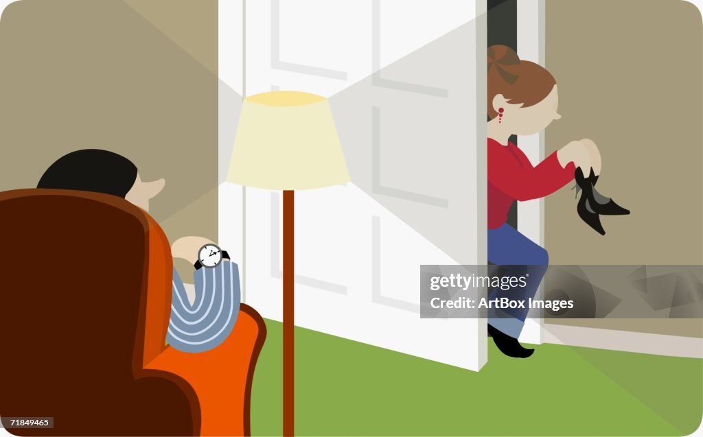 Side profile of a teenage girl sneaking into her house with her father waiting for her