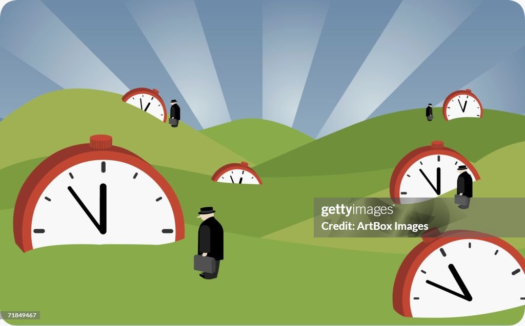 Four businessmen standing on a landscape with alarm clocks
