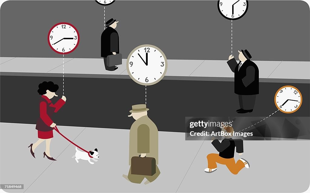 Five people holding floating clocks attached to strings