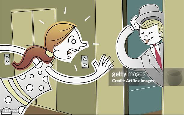 side profile of a young woman running towards an elevator and a young man sticking out his tongue - man looking inside mouth illustrated stock illustrations