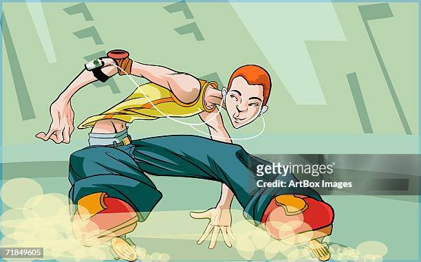 boy roller skating and listening to music - 12 13 years stock illustrations