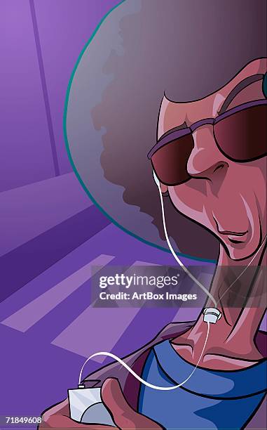 close-up of a mature woman listing to an mp3 player - 40 44 years stock illustrations