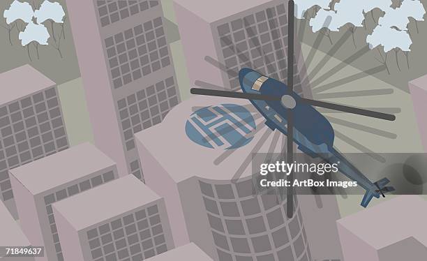 high angle view of a helicopter flying over buildings - helipad stock illustrations