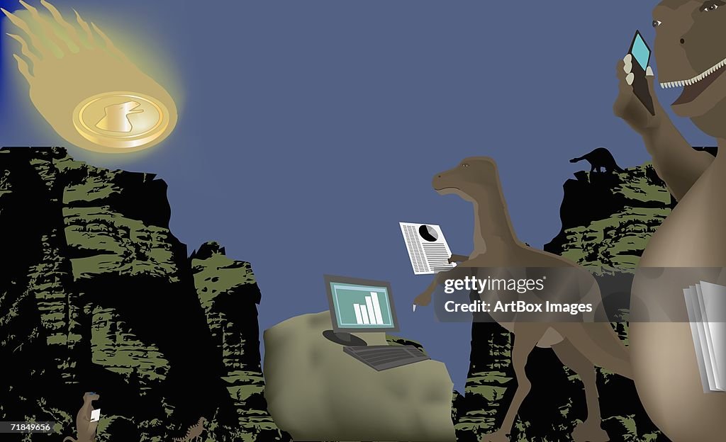 Low angle view of two dinosaurs using a mobile phone and a laptop