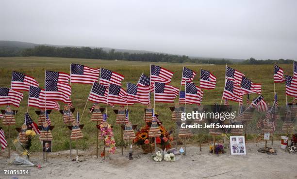 American flags fly at a memorial site on the 5th anniversary of the September 11, 2001 attacks, where United Flight 93 crashed into a field in...