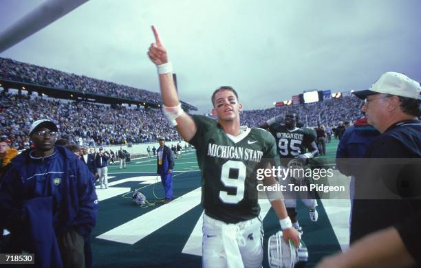 Jeff Smoker of the Michigan State Spartans celebrates after the game against the Notre Dame Fighting Irish at the Spartan Stadium in East Lansing,...