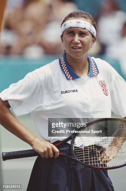 Croatian tennis player Iva Majoli pictured during competition for Croatia to reach the quarterfinals of the Women's singles tennis event at Stone...