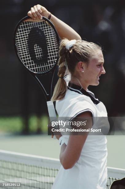 French tennis player Mary Pierce pictured during competition for France to reach the second round of the Women's singles tennis event at Stone...